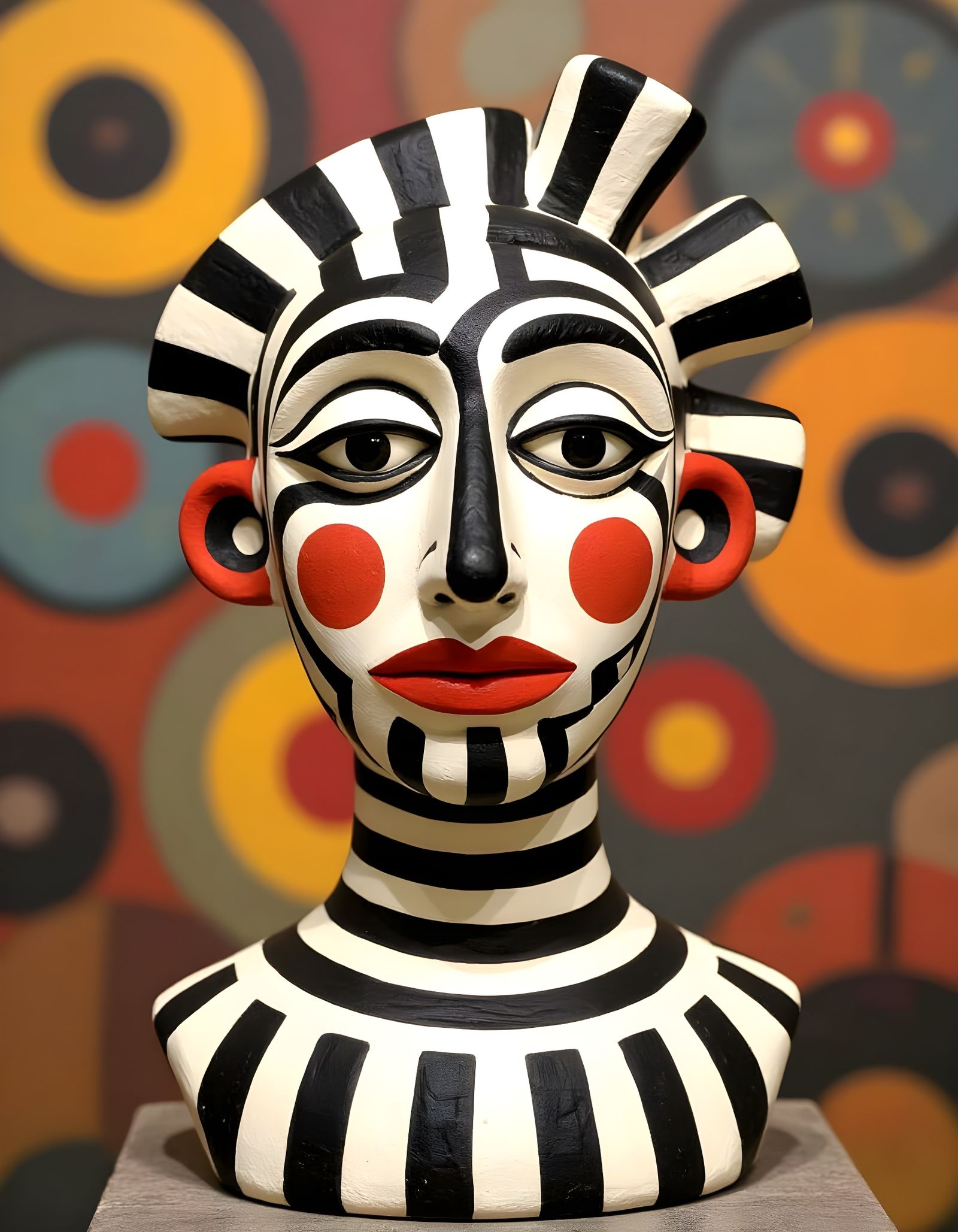 Abstract Clay Bust with Bauhaus Stripes and Circles