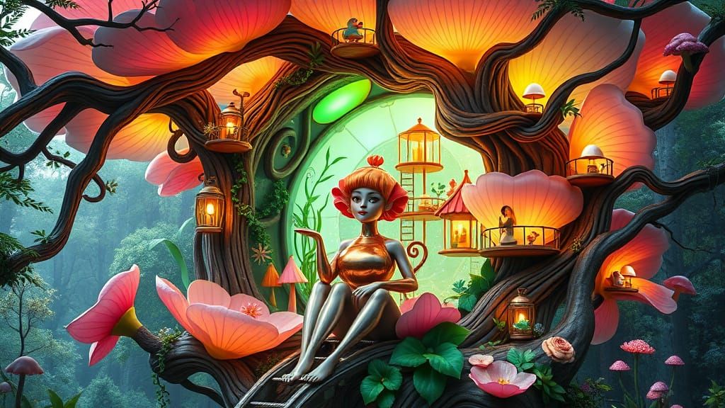 Surrealist Woman Made of Kitchen Utensils in Whimsical Flowe...