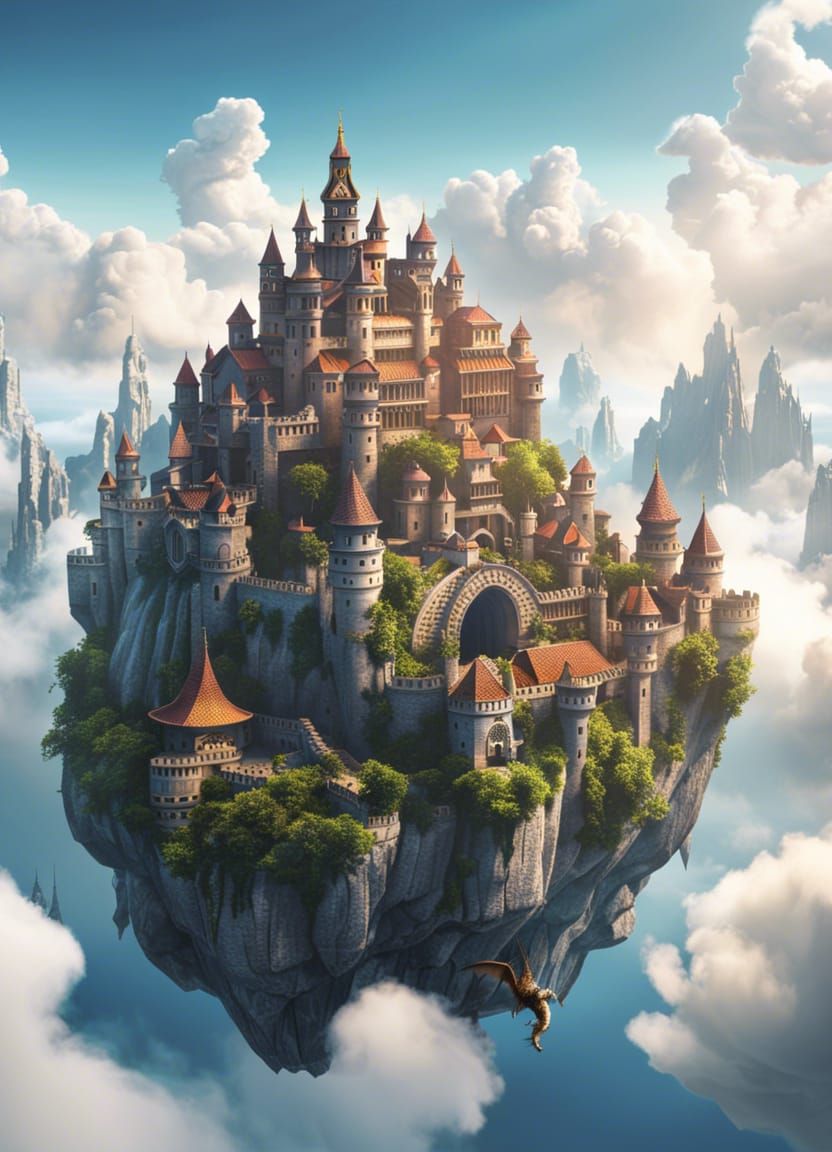 Dreamy Medieval City Floating in Clouds with Dragon