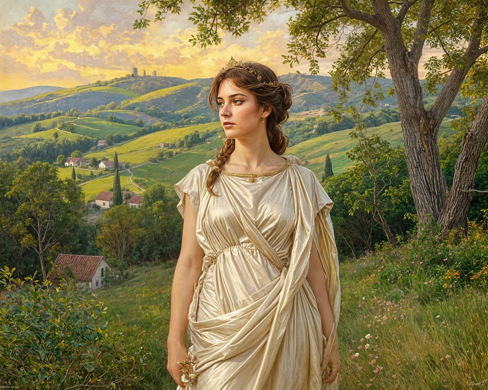 Warrior Queen Gazes Over Lush Kingdom at Golden Hour