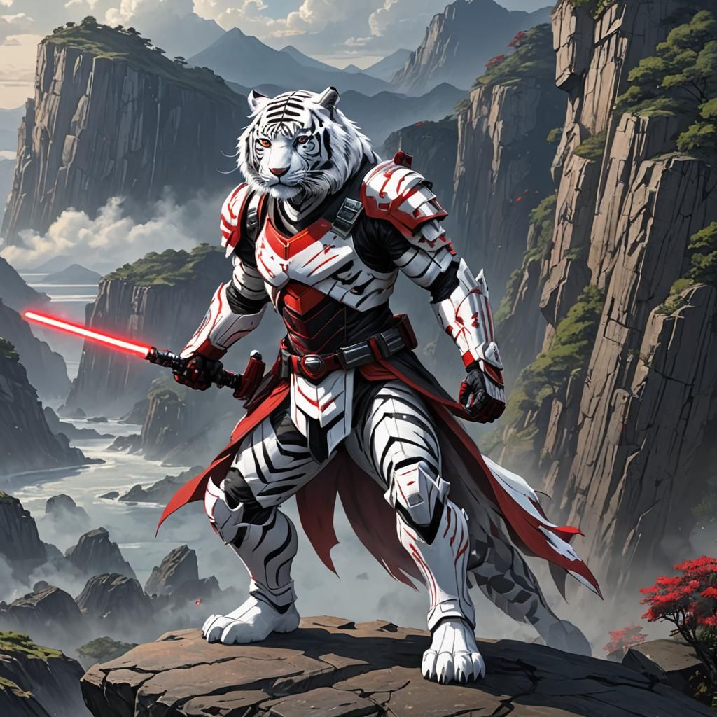 Armored White Tiger Sith Lord in Anime Style