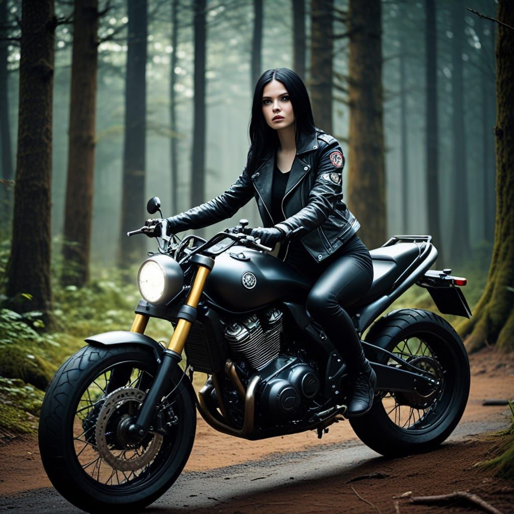 Dark Fantasy Cosplayer on Futuristic Motorcycle