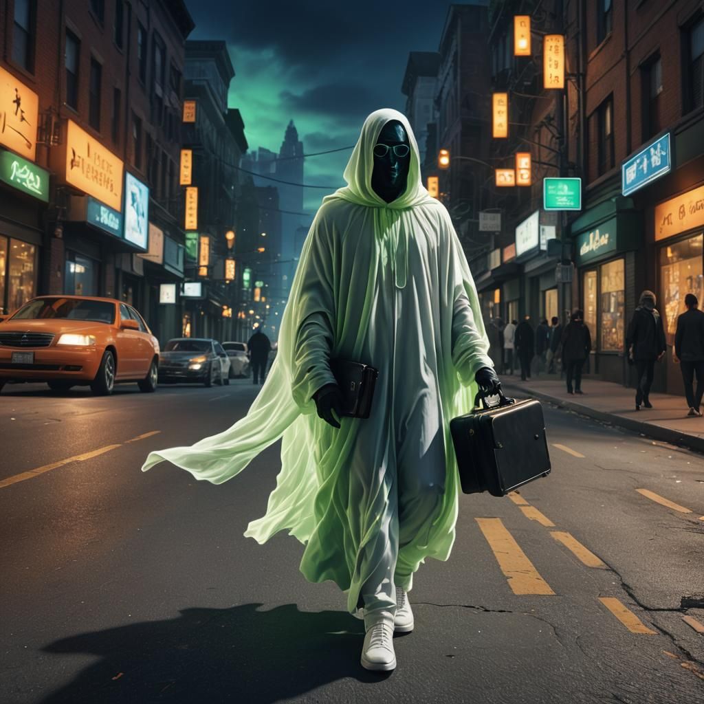 Ghostly Figure with Briefcase in Cinematic Cityscape