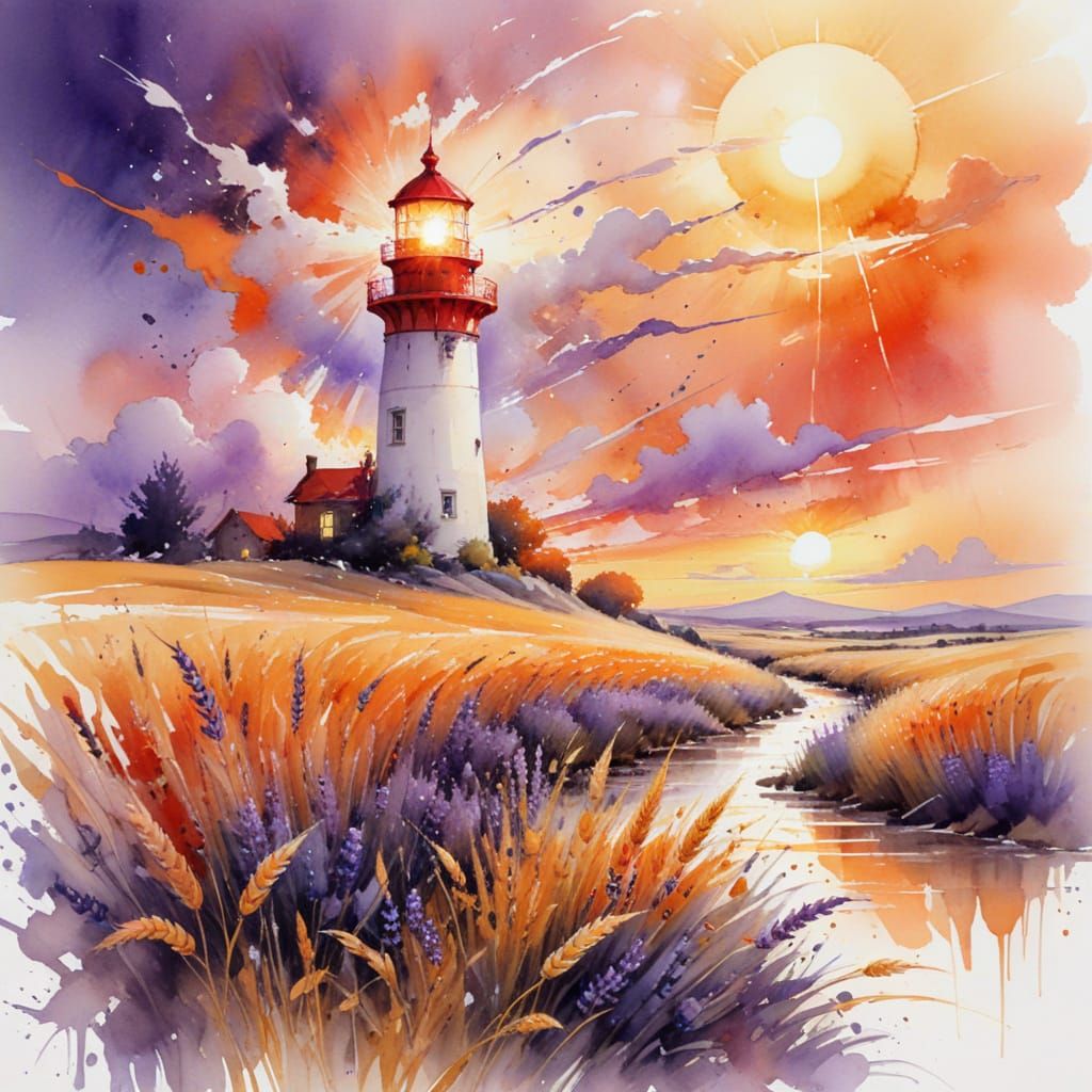 Lighthouse at Twilight in Watercolor Style