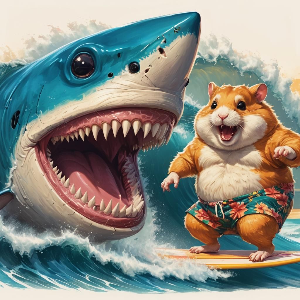 Surreal Hamster Surfing Escape in Hawaiian Fantasy Art