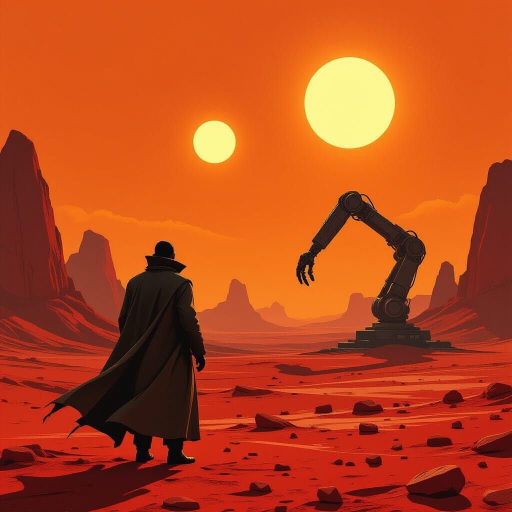 Lone Wanderer on Alien Planet Under Twin Suns