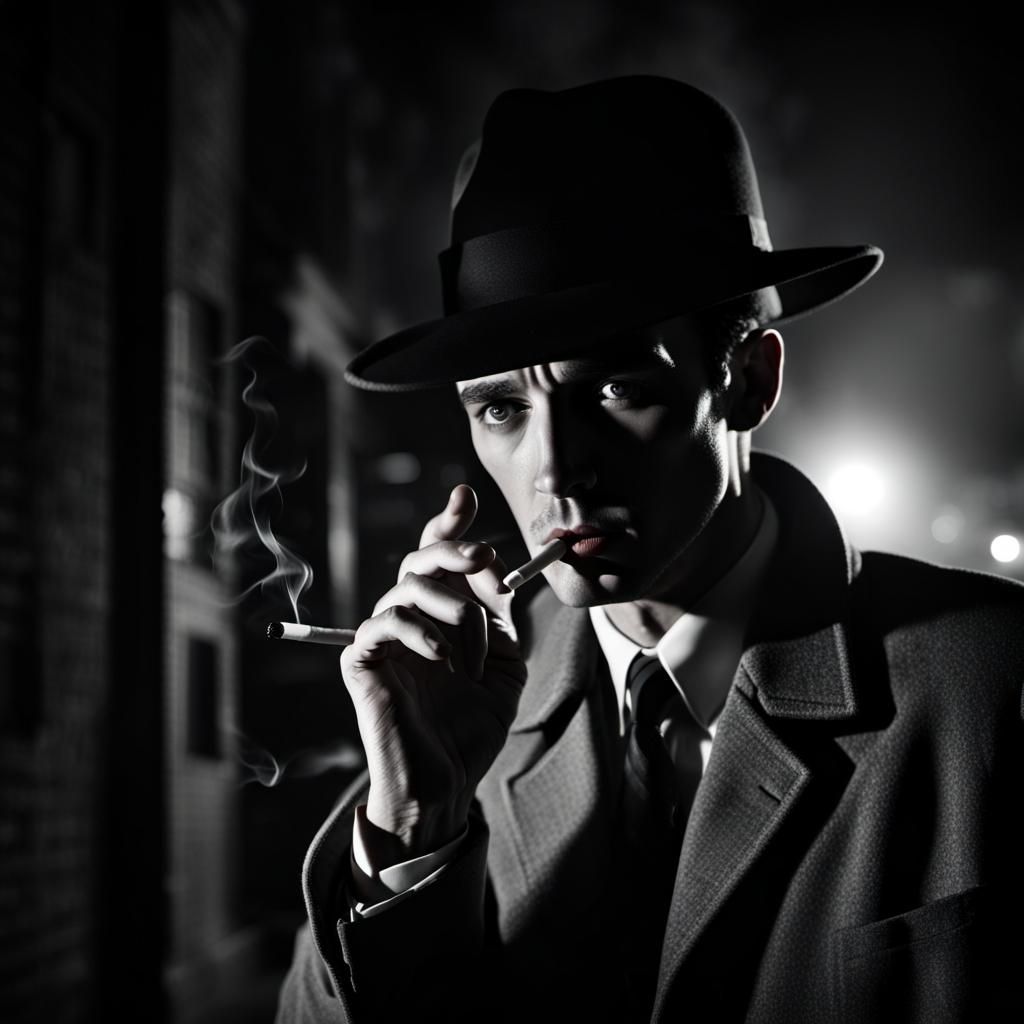 Detective Smoking at Night in Film Noir Style