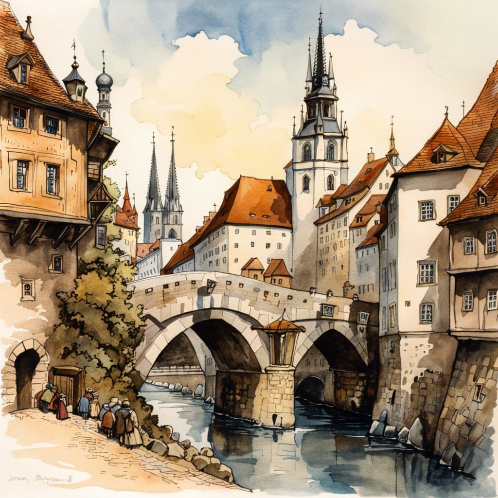 Regensburg Medieval City: Ink and Watercolor Art