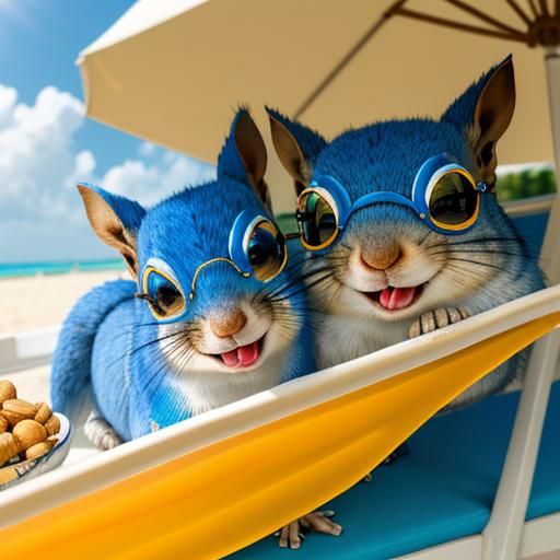 Smiling Blue Squirrel Lounging on Sunny Beach