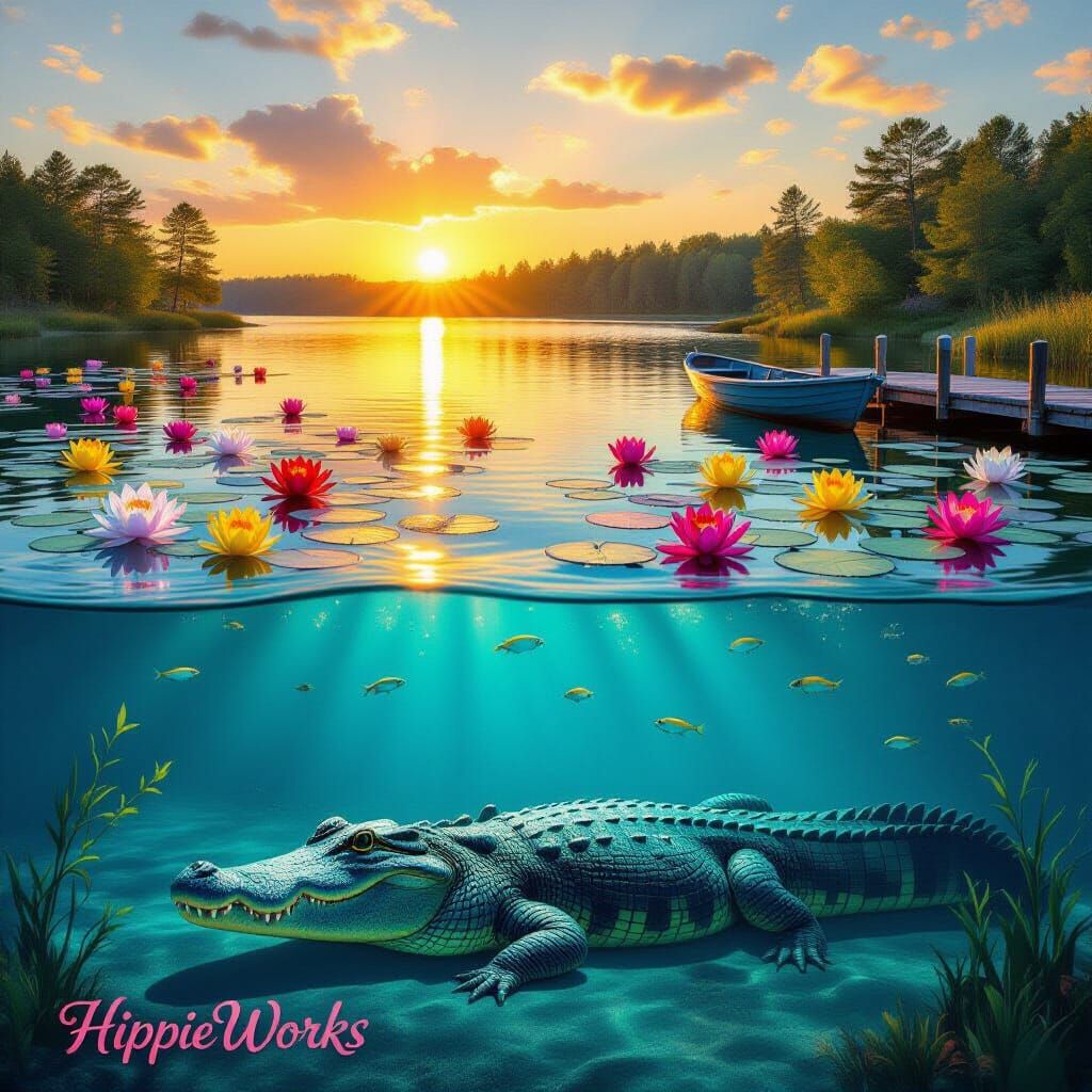 Split View: Sunset Lake Above, Underwater World Below