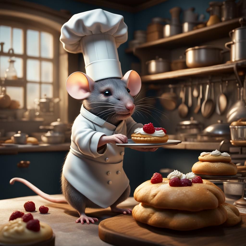 a mouse baker wearing a chef's hat, busy in a miniature kitc...