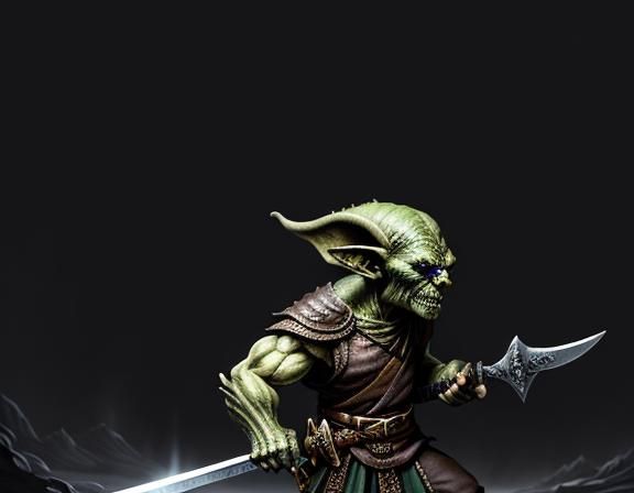 Goblin with Fiery Sword in Dark Cave: Oil Painting