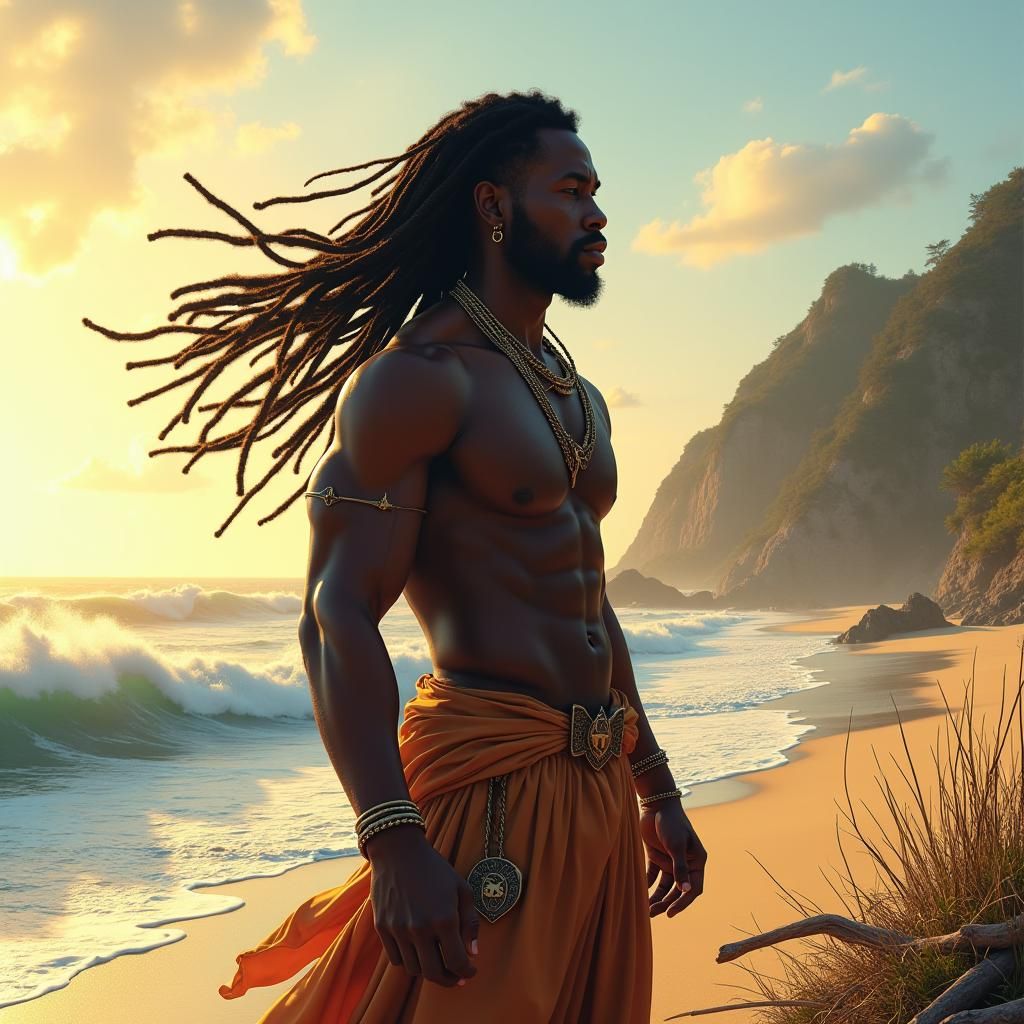 Heroic Black Man on Beach at Dawn