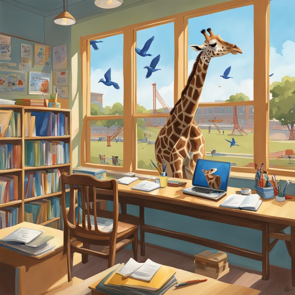Giraffe in High School Classroom, Realistic Style
