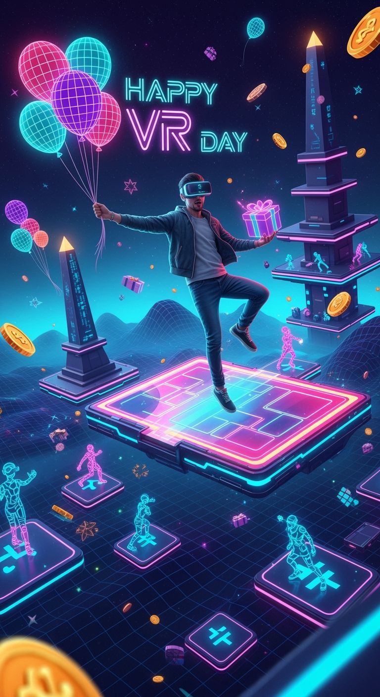 Joyful VR Jumper on Floating Platform in Cyberspace