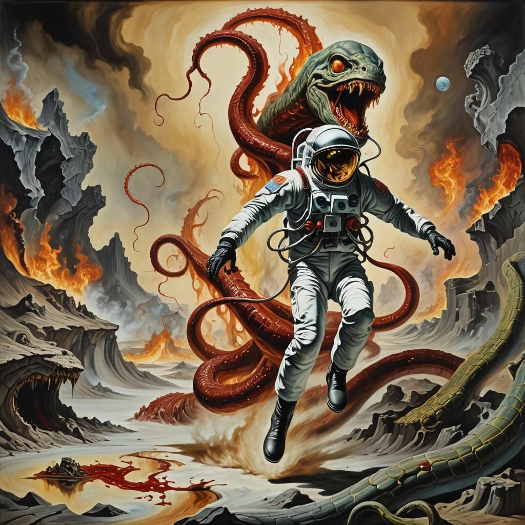 Astronaut's Hellish Escape: Surreal Serpent Chase
