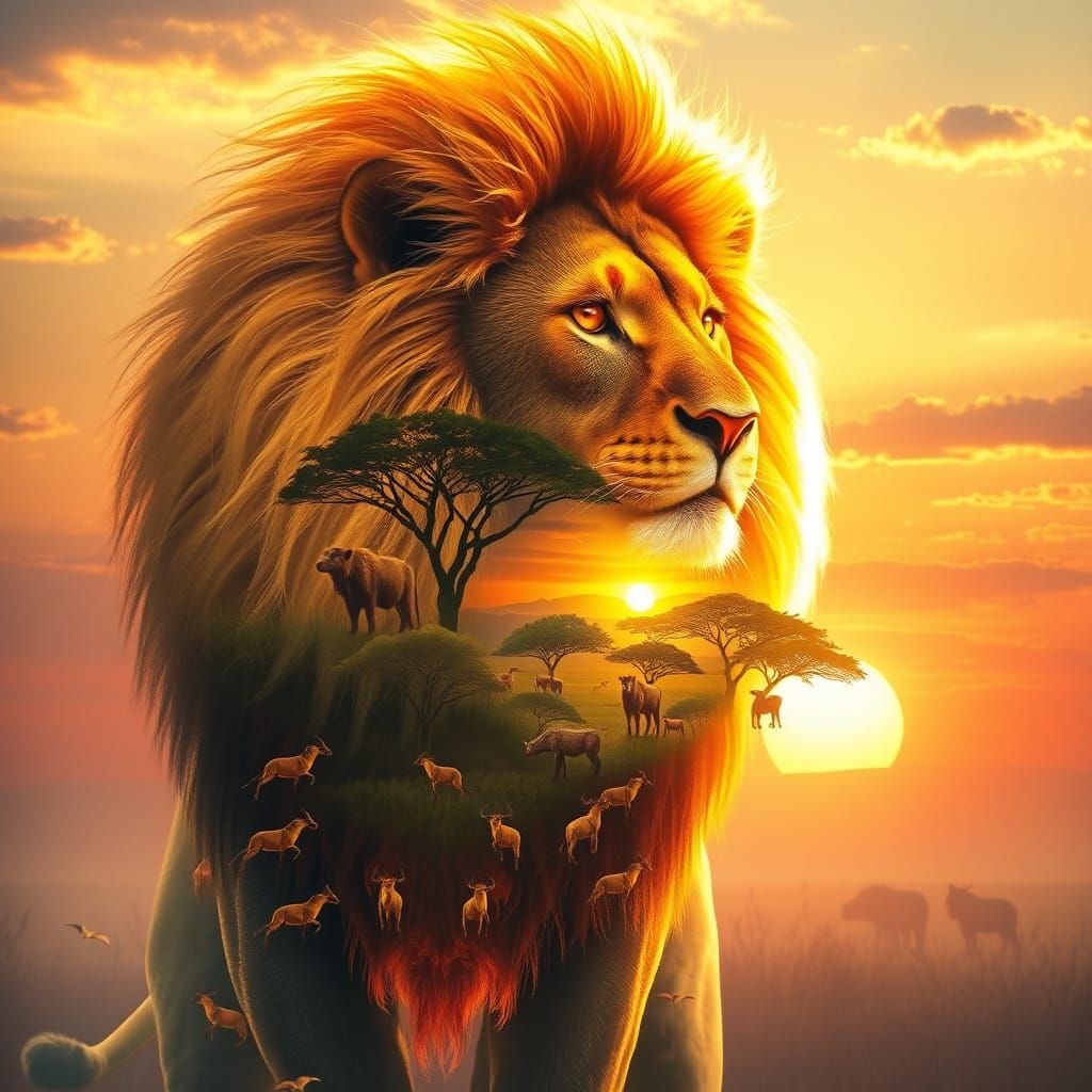 Lion with Golden Mane and Savanna Ecosystem