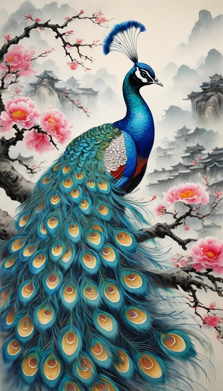 Striking Chinese Guohua Peacock Painting