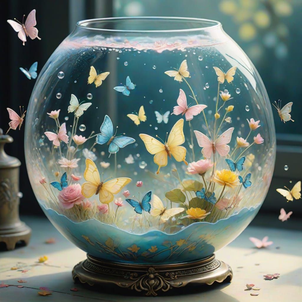 Iridescent Butterflies Dance in a Whimsical Glass World