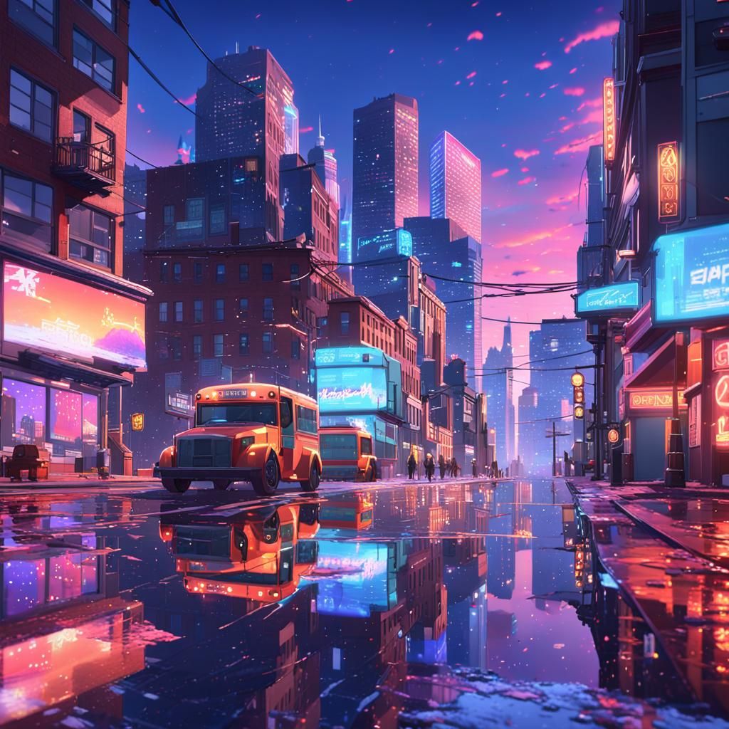 Anime-Inspired Boston Cityscape at Sunset