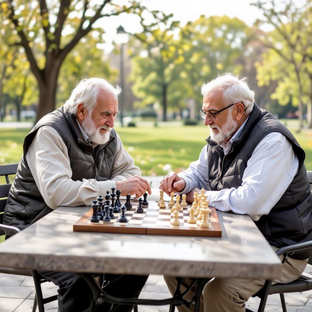 Elderly Men Play Intense Chess Match in Park