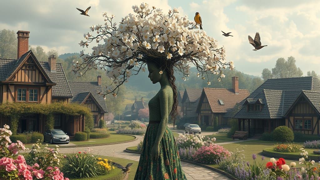 Surrealist Tree Goddess Emerges in Idyllic Springtime Villag...