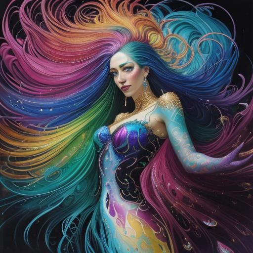 Abstract Portrait: Rainbow Woman with Peacock Hair