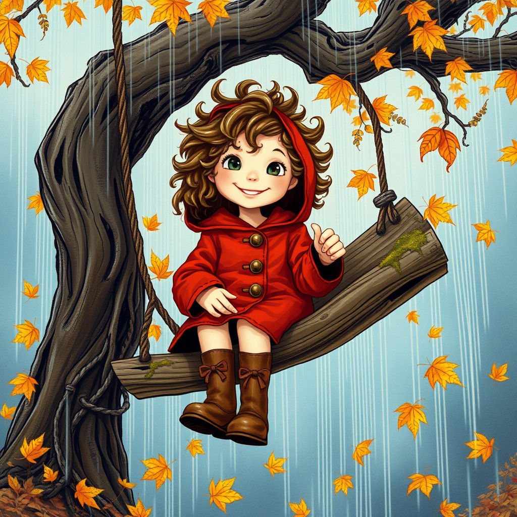 Girl on Swing in Autumn Rain: Pop Surrealism Illustration