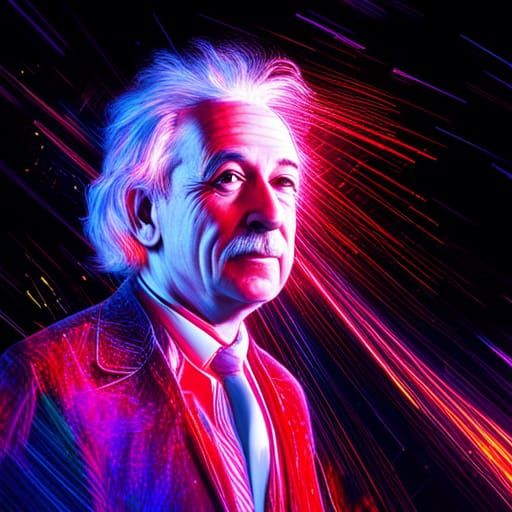 Einstein Contemplates Physics in Neon Cityscape