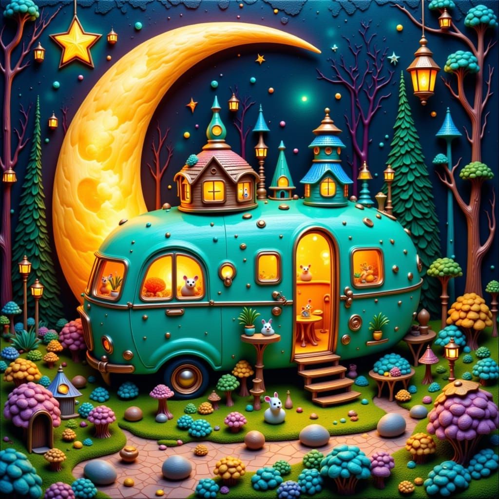 Miniature Village Inside Crescent Moon, Digital Art