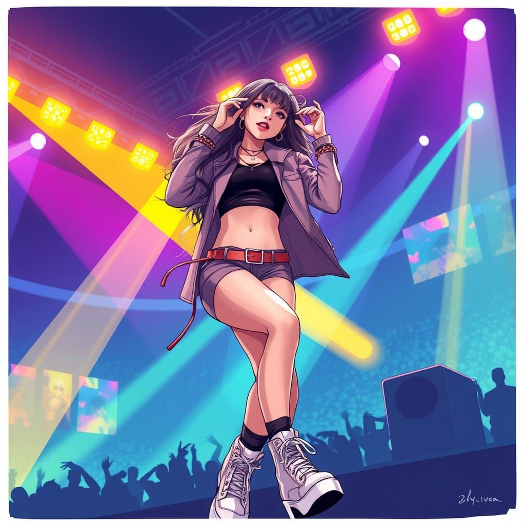 Dazzling Kpop Idol Dances Under Arena Lights in Vibrant Illu...