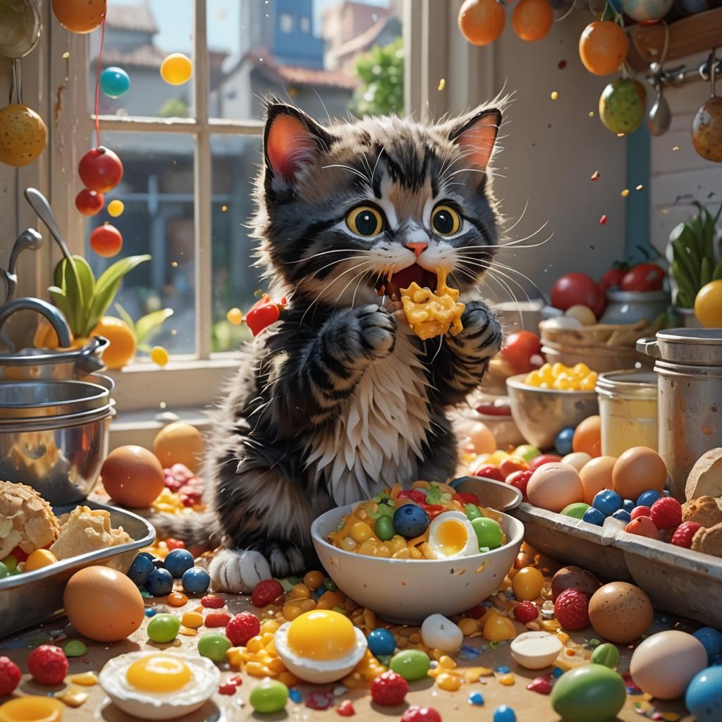 Adorable Kitten's Kitchen Food Fight: Digital Art