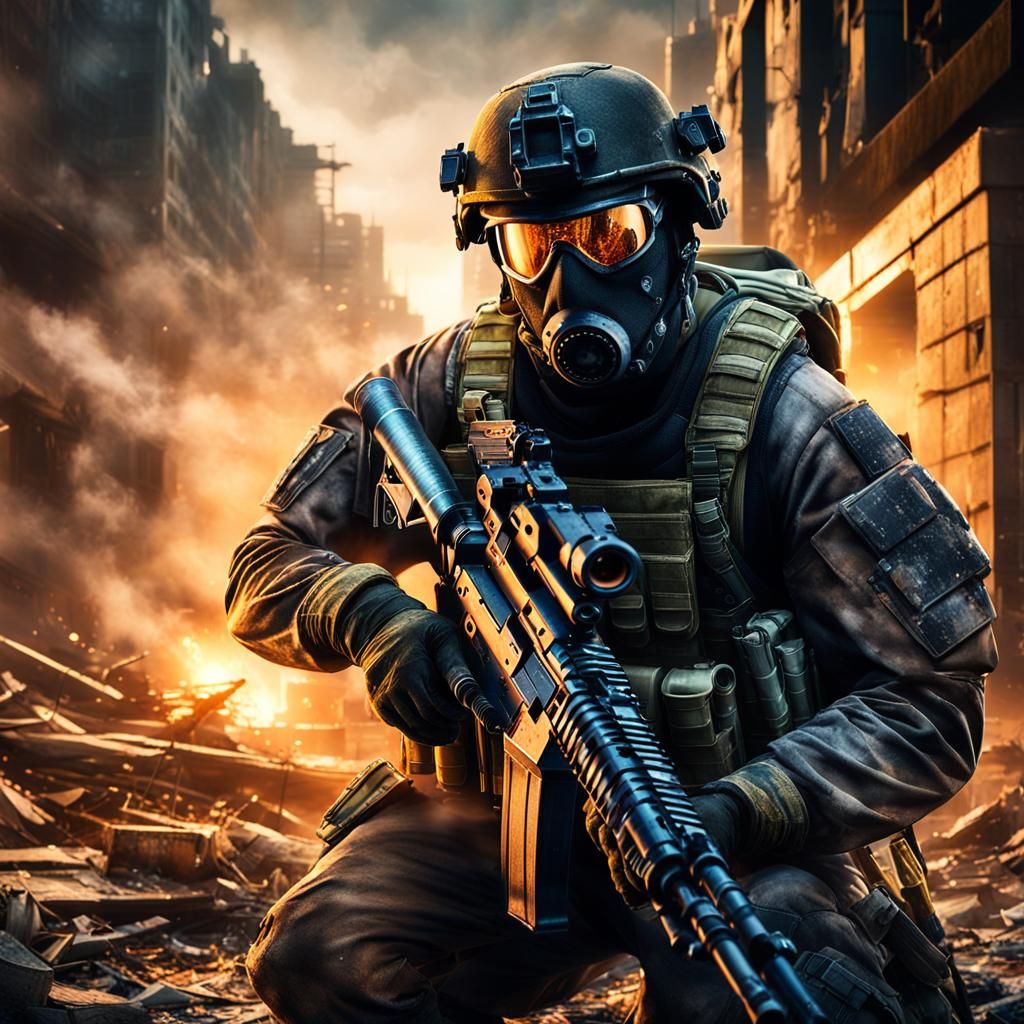 Soldier in War-Torn City: Hyper-Realistic Tactical Art