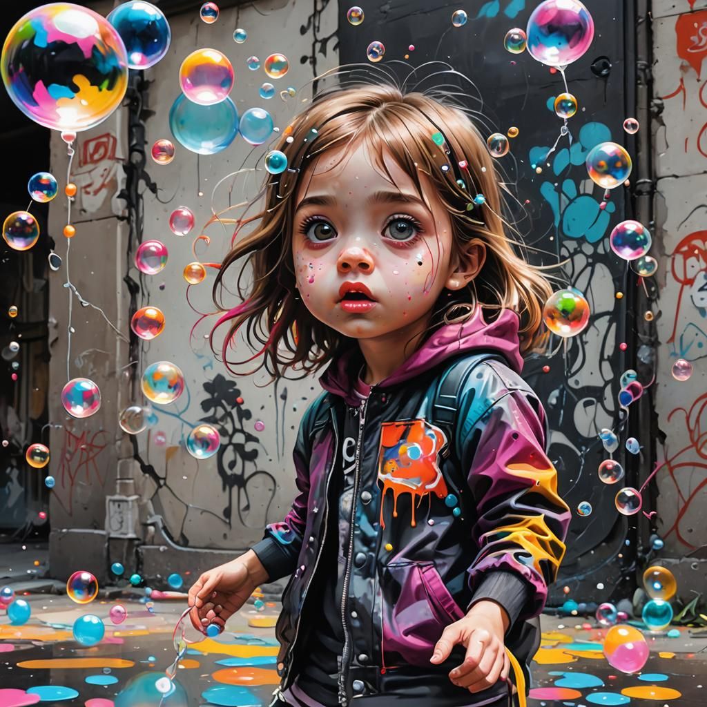 Girl Blowing Bubbles in Graffiti Art Style