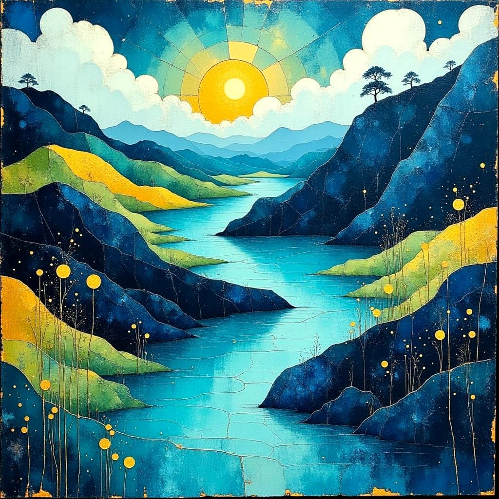 Abstract Landscape in Turquoise, Gold and Blue