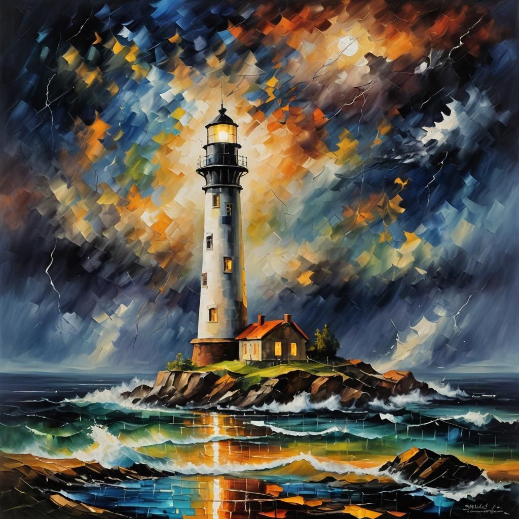Lighthouse in Stormy Night, Impasto Style