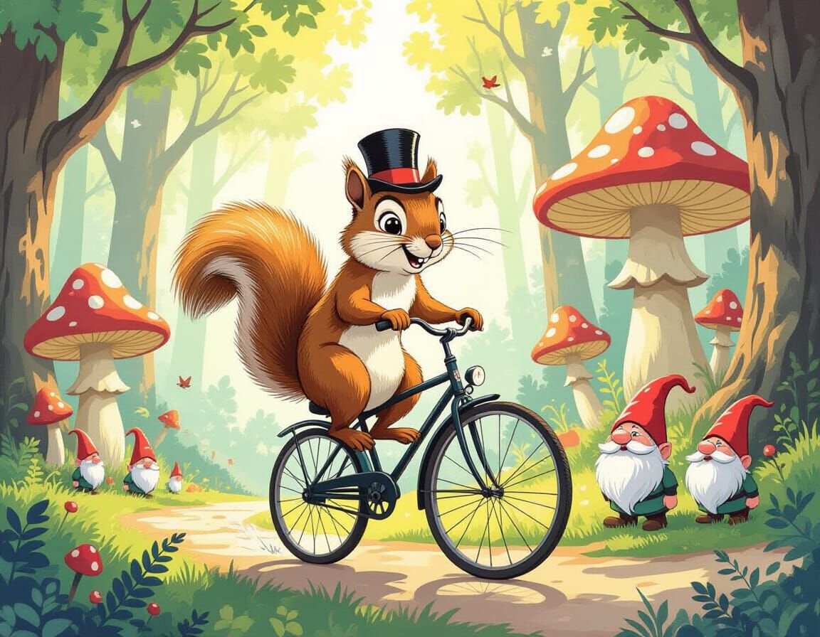 Squirrel on Penny-Farthing in Whimsical Forest