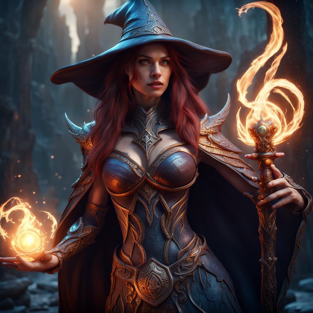 Powerful Sorceress with Magic Staff in Fantasy Art Style