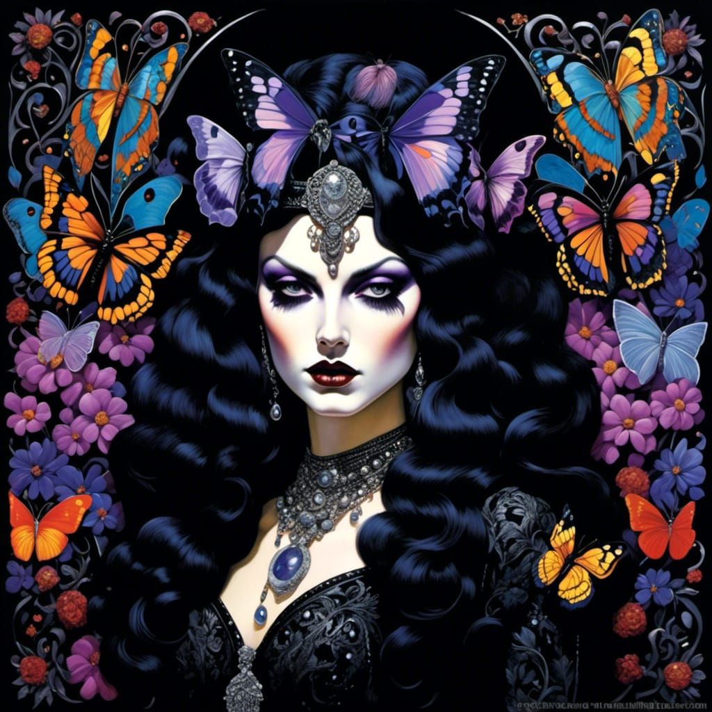 Gothic Butterfly Skull in Psychedelic Bohemian Style