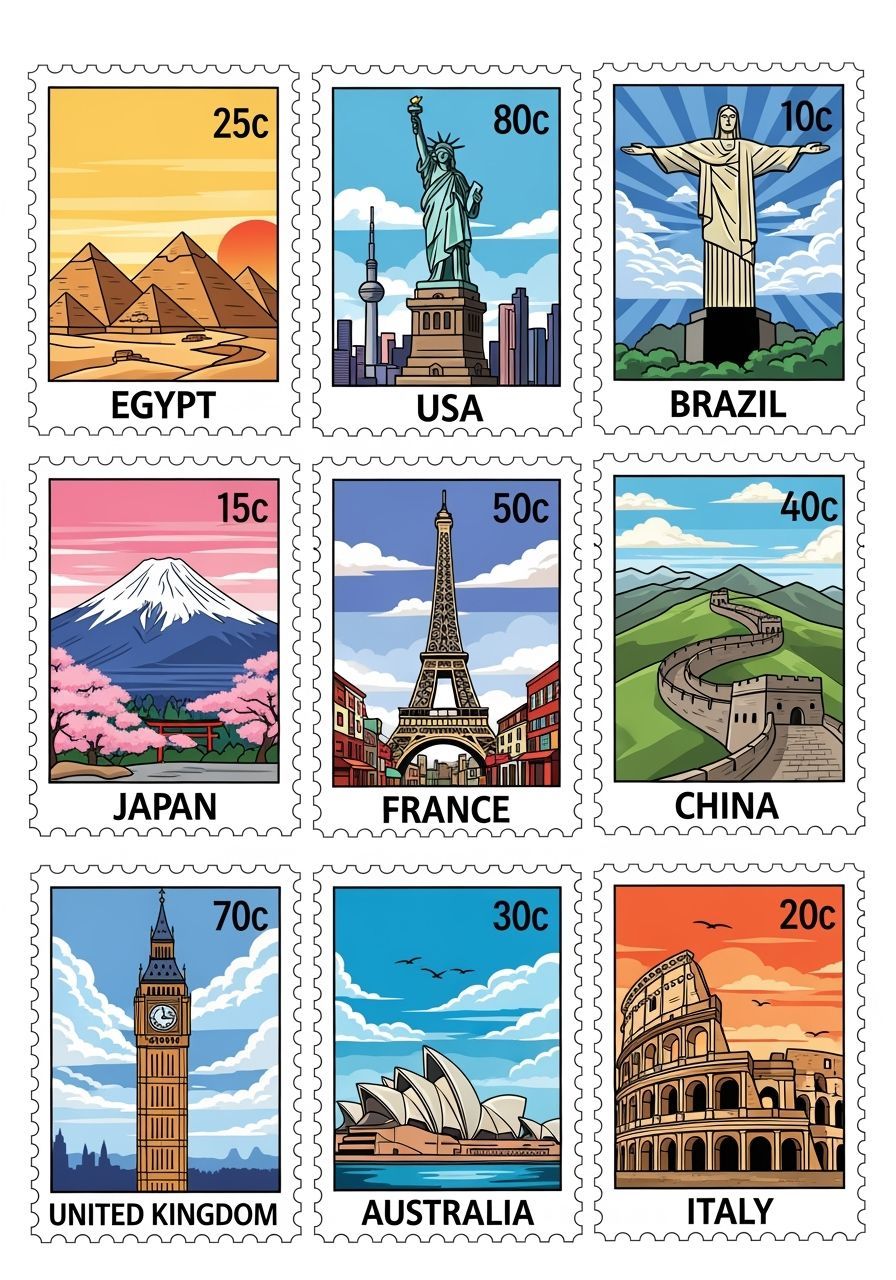 Global Landmarks on Comic Book Postage Stamps