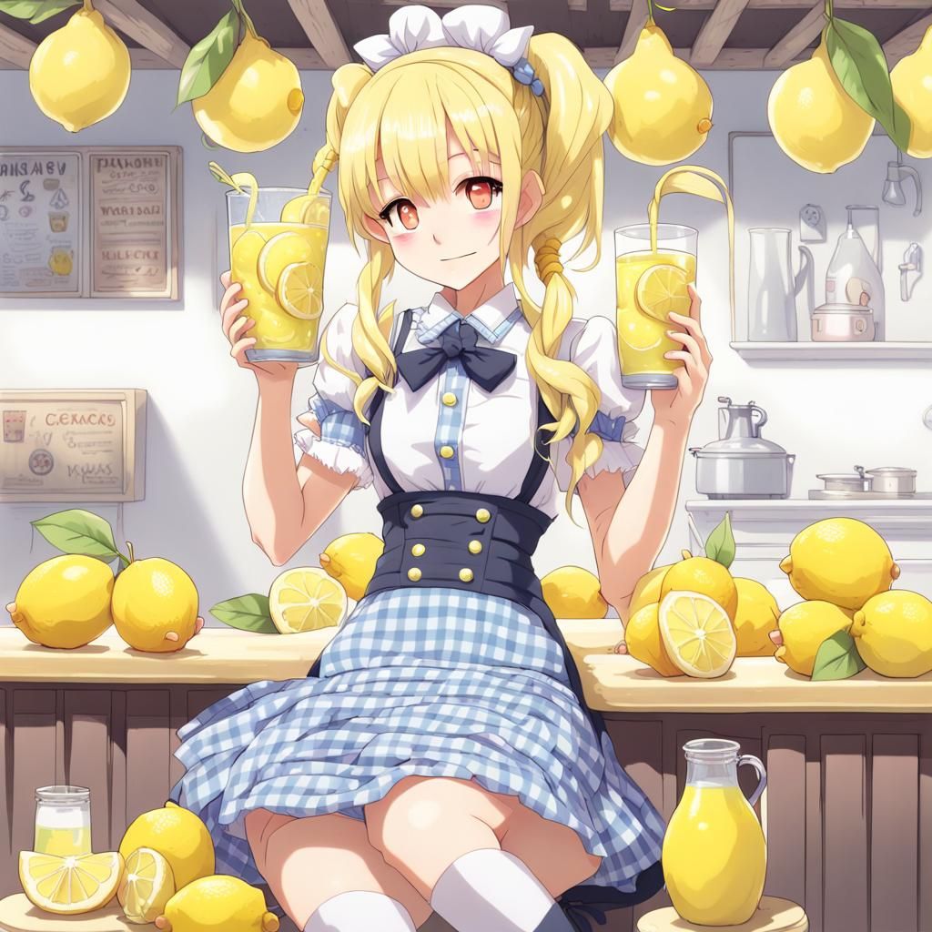 Anime Waitress in Yellow Checkered Dress