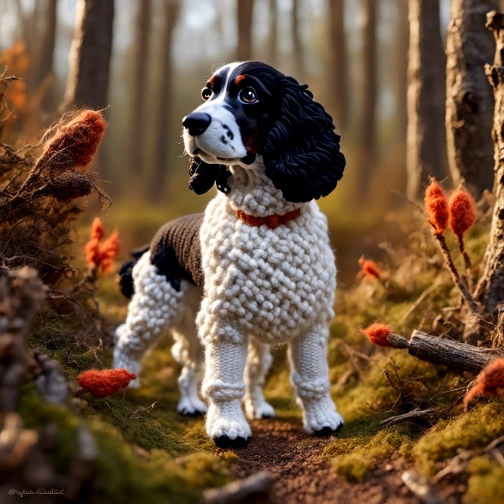 Cute Yarn Springer Spaniel in Spring Forest