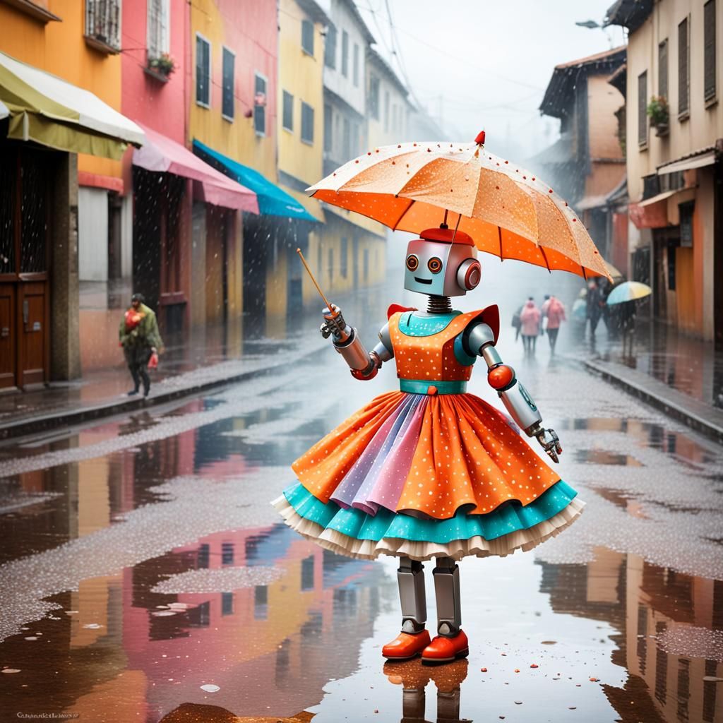 Robots Dancing with Cake in Rainy Street
