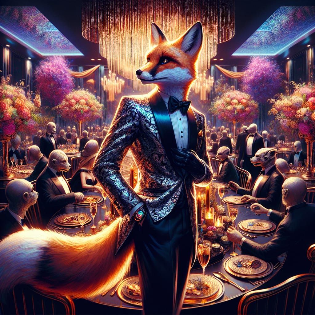 Anthropomorphic Fox in Tuxedo at Dinner Party