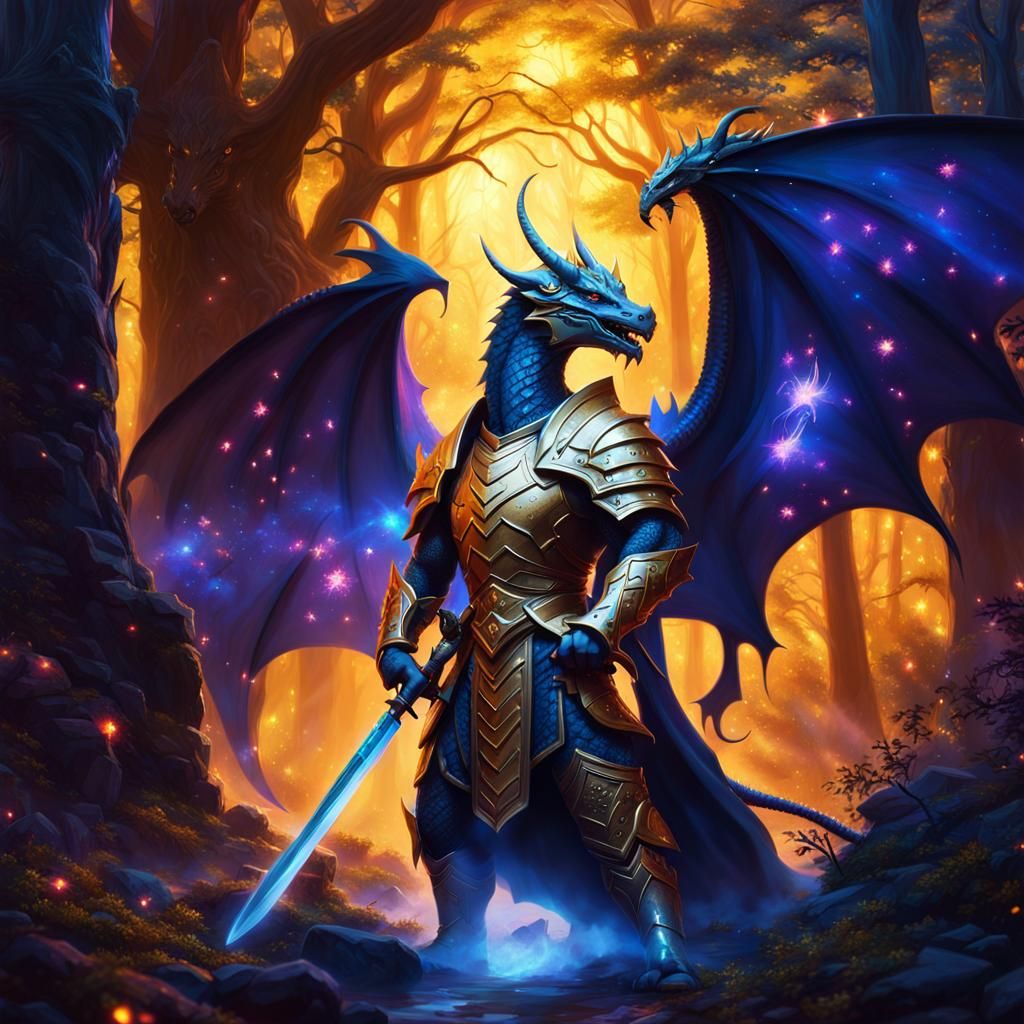 Dragon Born Paladin in Mystical Forest, Fantasy Art