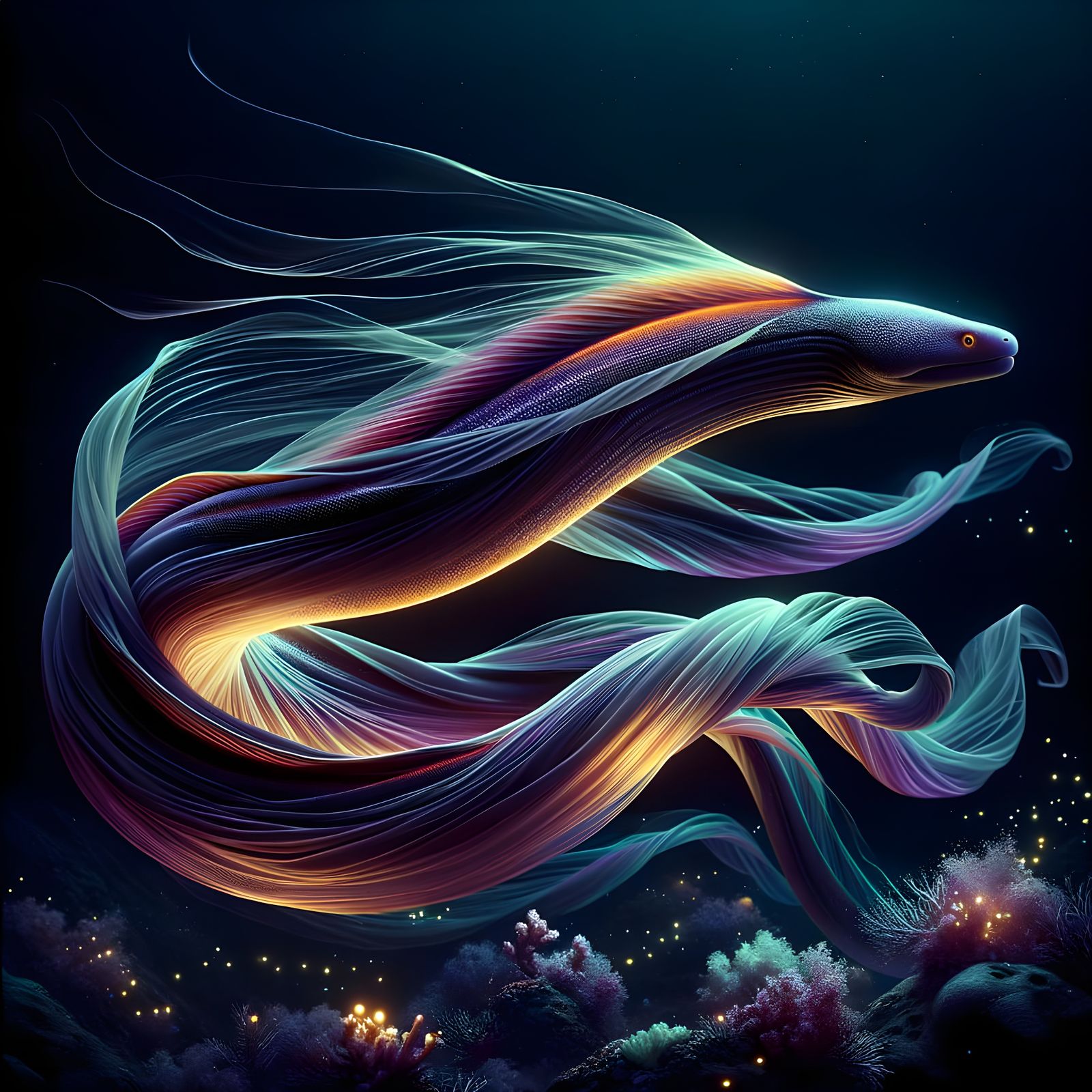 Iridescent Deep-Sea Eel in Bioluminescent Waters