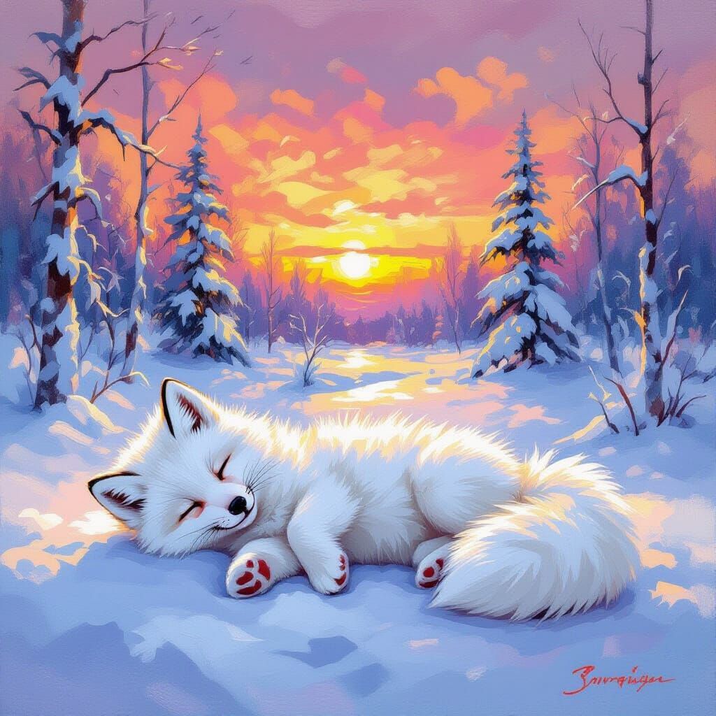 Arctic Fox Puppy in Snow, Impressionist Style