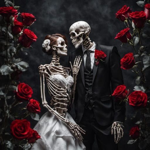 Skeletal Bride and Groom Portrait with Roses