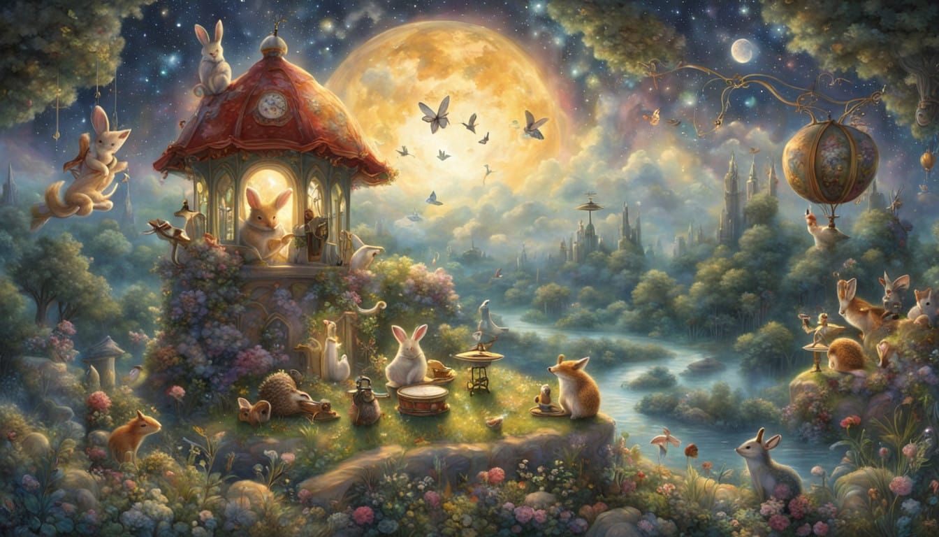 Whimsical Celestial Concert in Dreamlike Landscape