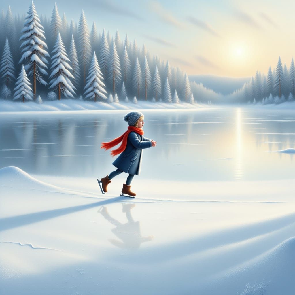 Girl Ice Skating on Frozen Lake in Ethereal Light